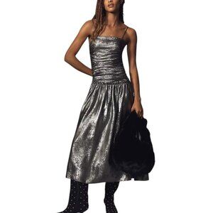 Anthropologie La Maise Studio Ruched Drop-Waist Foil Midi Dress, Silver, Size M